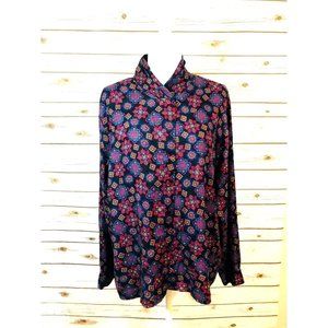 Talbots Blouse Womens XL 16 Button Front Geometric Art Flowers Red Purple